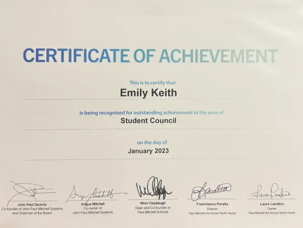 Paul Mitchell student council certificate for Emily Keith